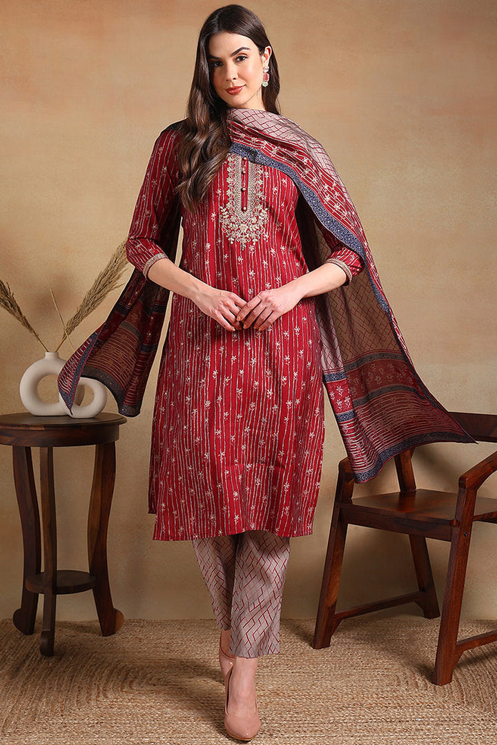Maroon Silk Blend Embroidered Straight Suit Set | SHOBITAM