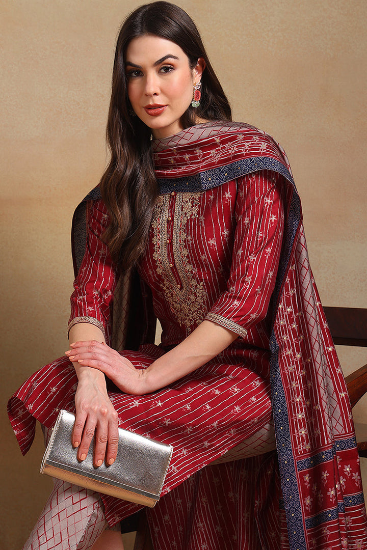 Maroon Silk Blend Embroidered Straight Suit Set | SHOBITAM
