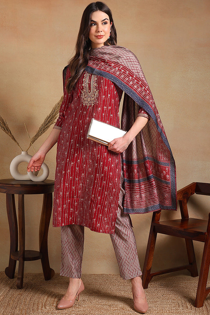 Maroon Silk Blend Embroidered Straight Suit Set | SHOBITAM