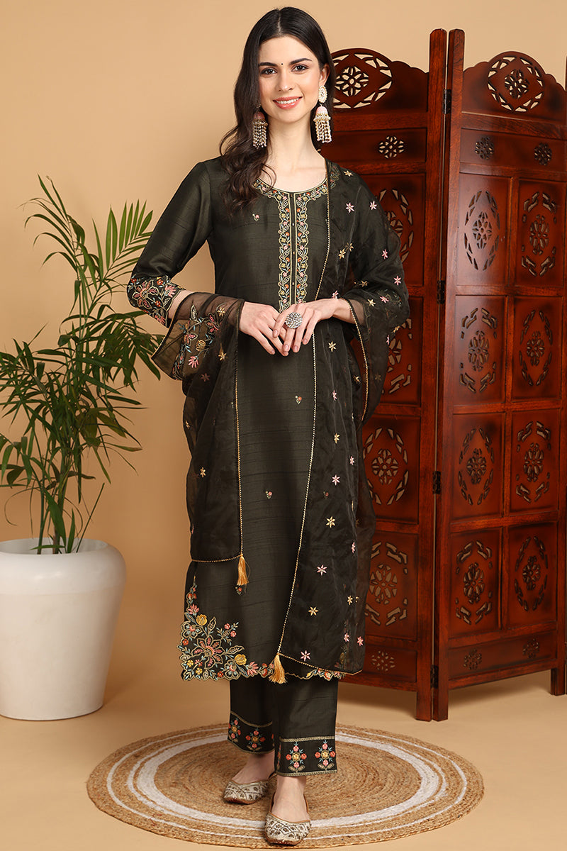 Olive Green Silk Blend Floral Embroidered Straight Suit Set | SHOBITAM
