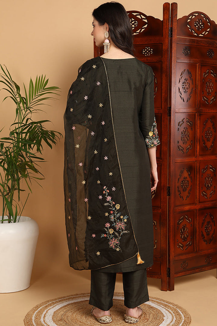 Olive Green Silk Blend Floral Embroidered Straight Suit Set | SHOBITAM