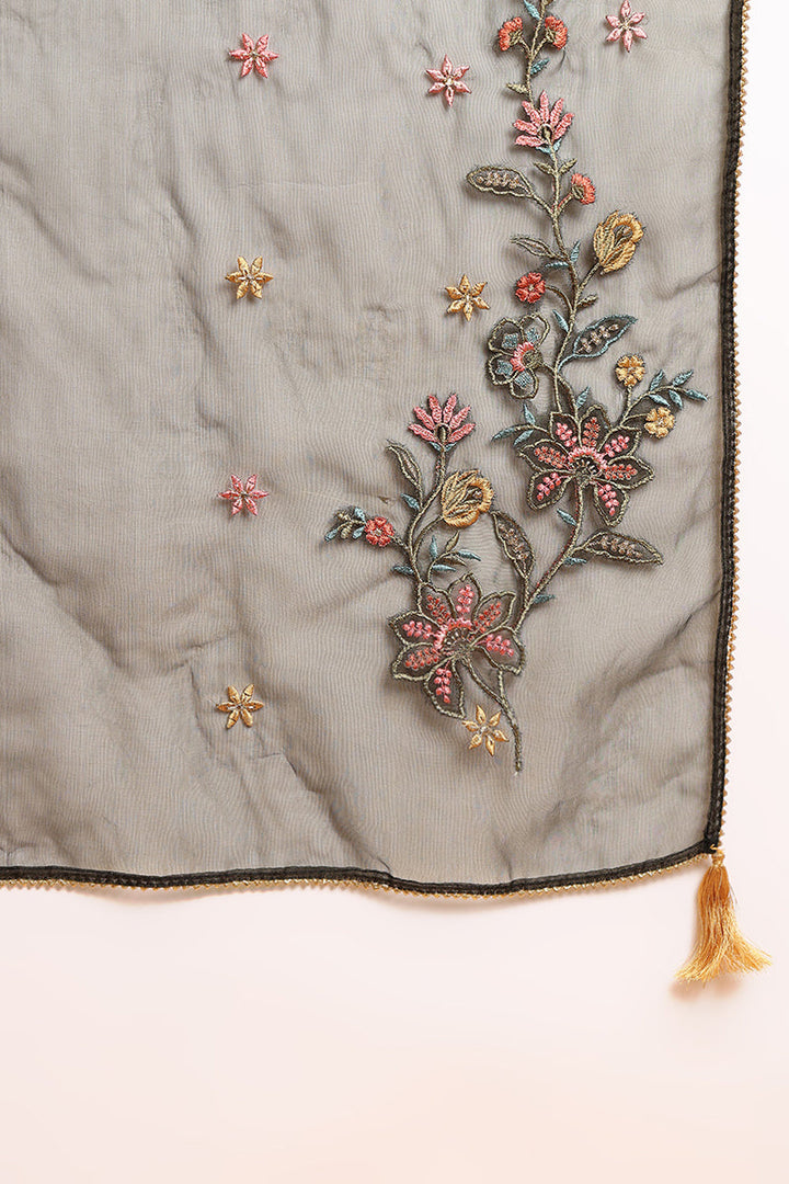 Olive Green Silk Blend Floral Embroidered Straight Suit Set | SHOBITAM