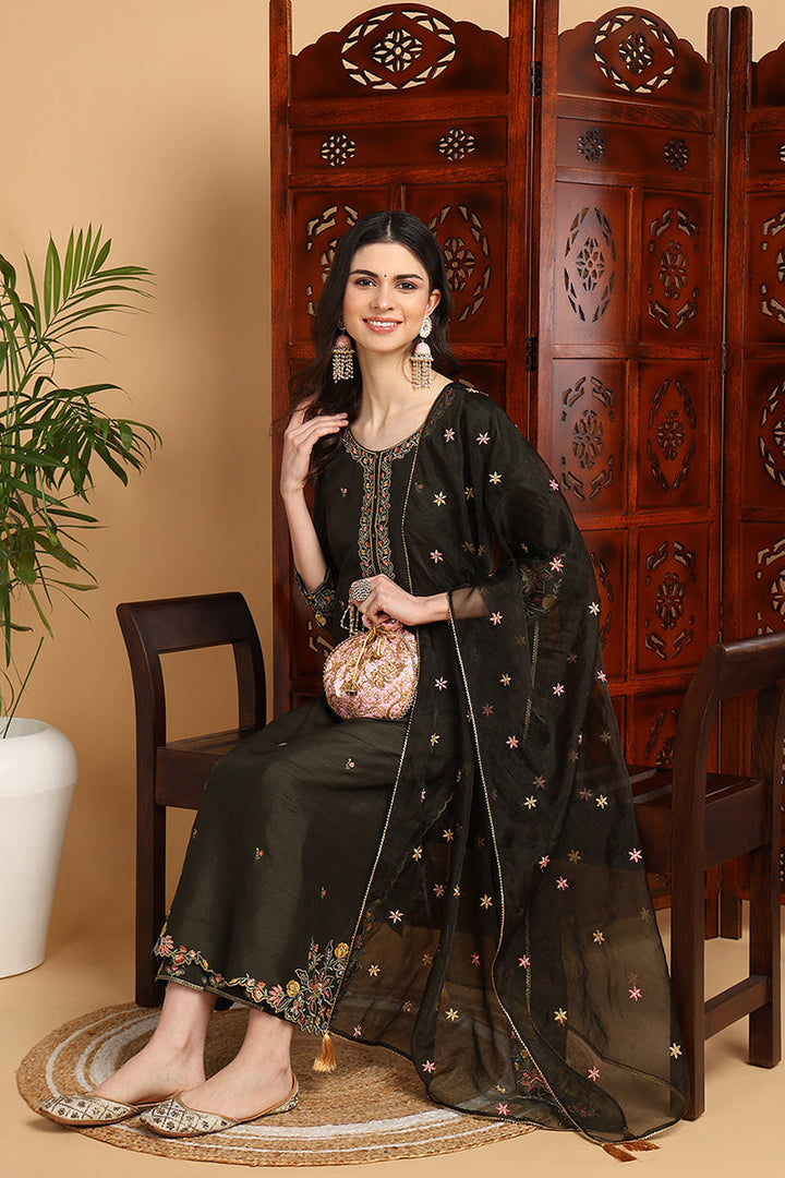 Olive Green Silk Blend Floral Embroidered Straight Suit Set | SHOBITAM