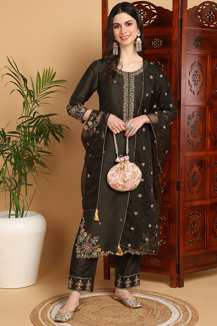 Olive Green Silk Blend Floral Embroidered Straight Suit Set | SHOBITAM