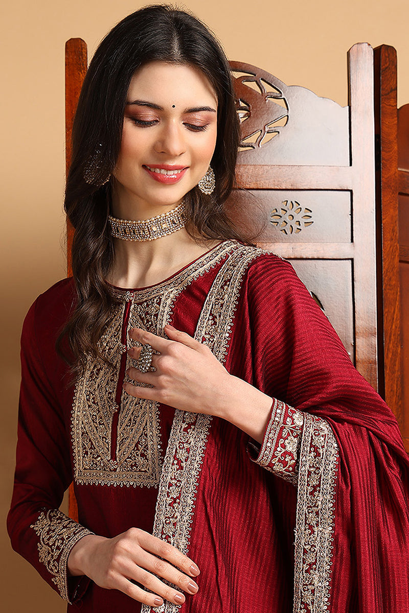 Maroon Silk Blend Solid Embroidered Straight Suit Set | SHOBITAM