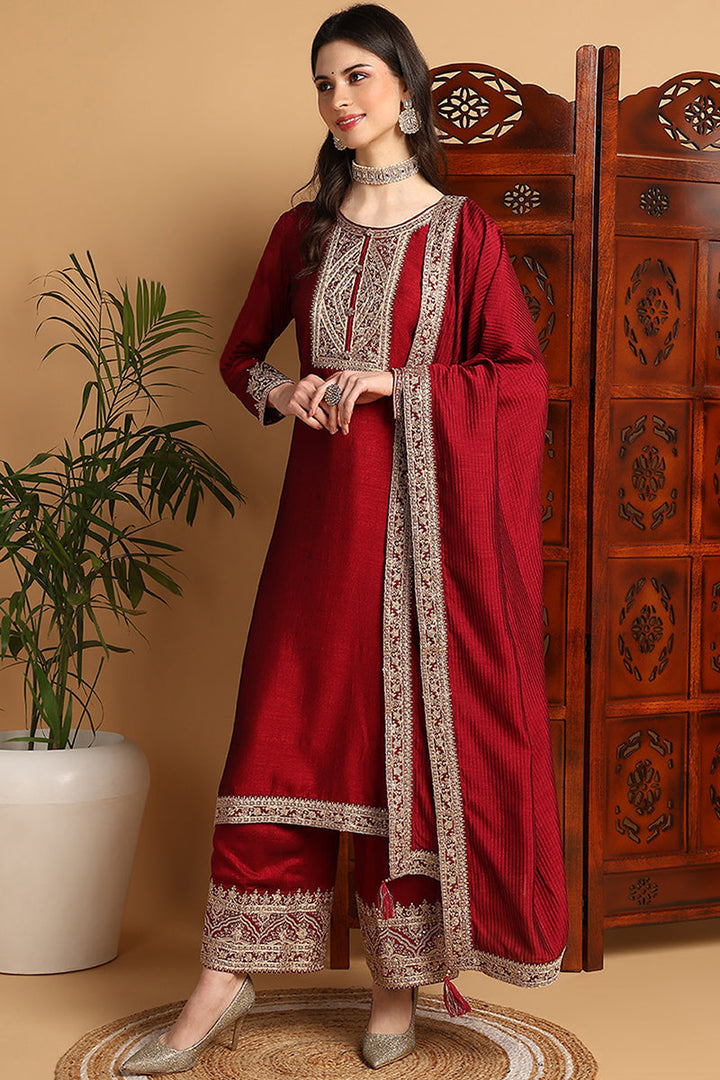Maroon Silk Blend Solid Embroidered Straight Suit Set | SHOBITAM
