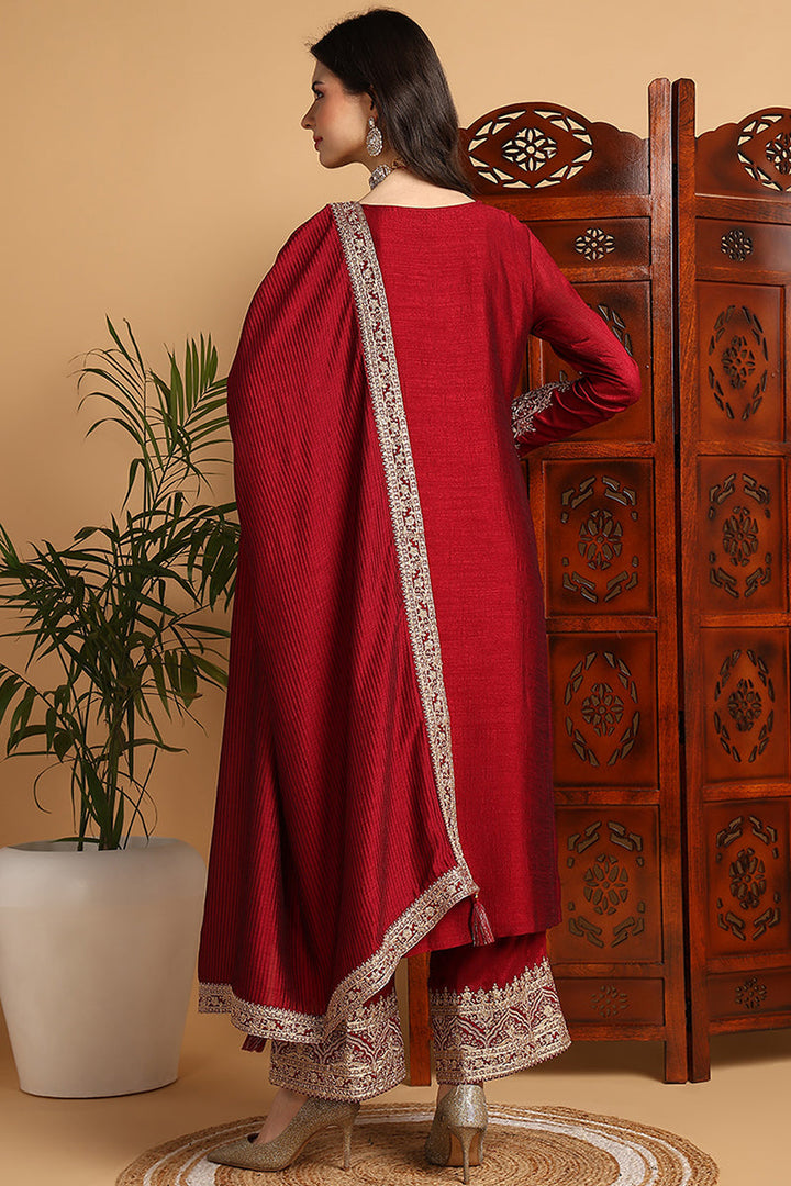 Maroon Silk Blend Solid Embroidered Straight Suit Set | SHOBITAM