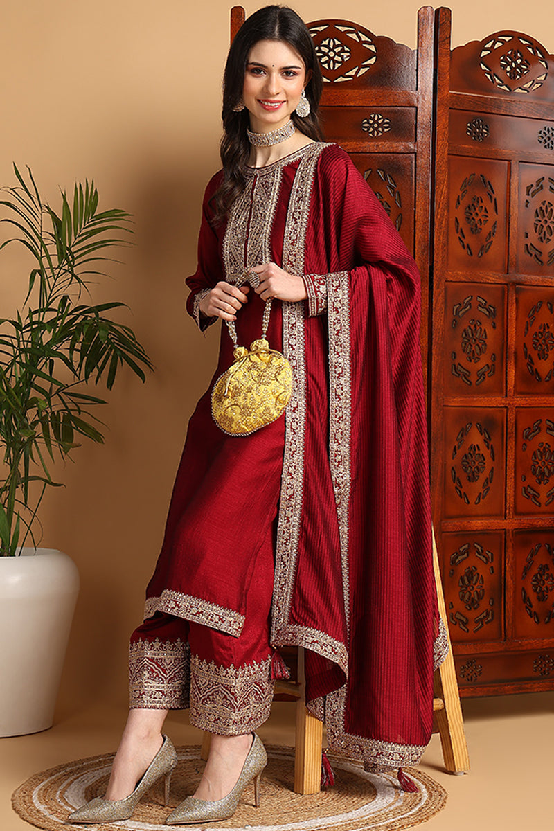 Maroon Silk Blend Solid Embroidered Straight Suit Set | SHOBITAM