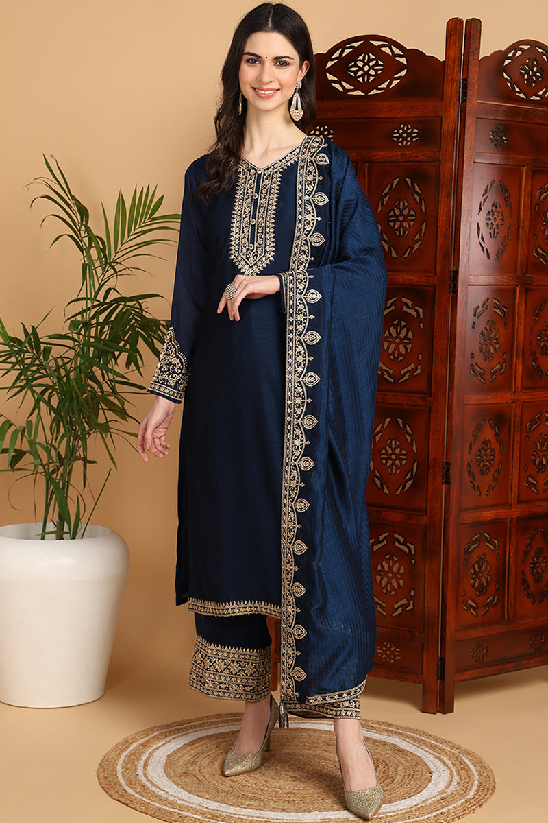 Navy Blue Silk Blend Solid Embroidered Straight Suit Set | SHOBITAM