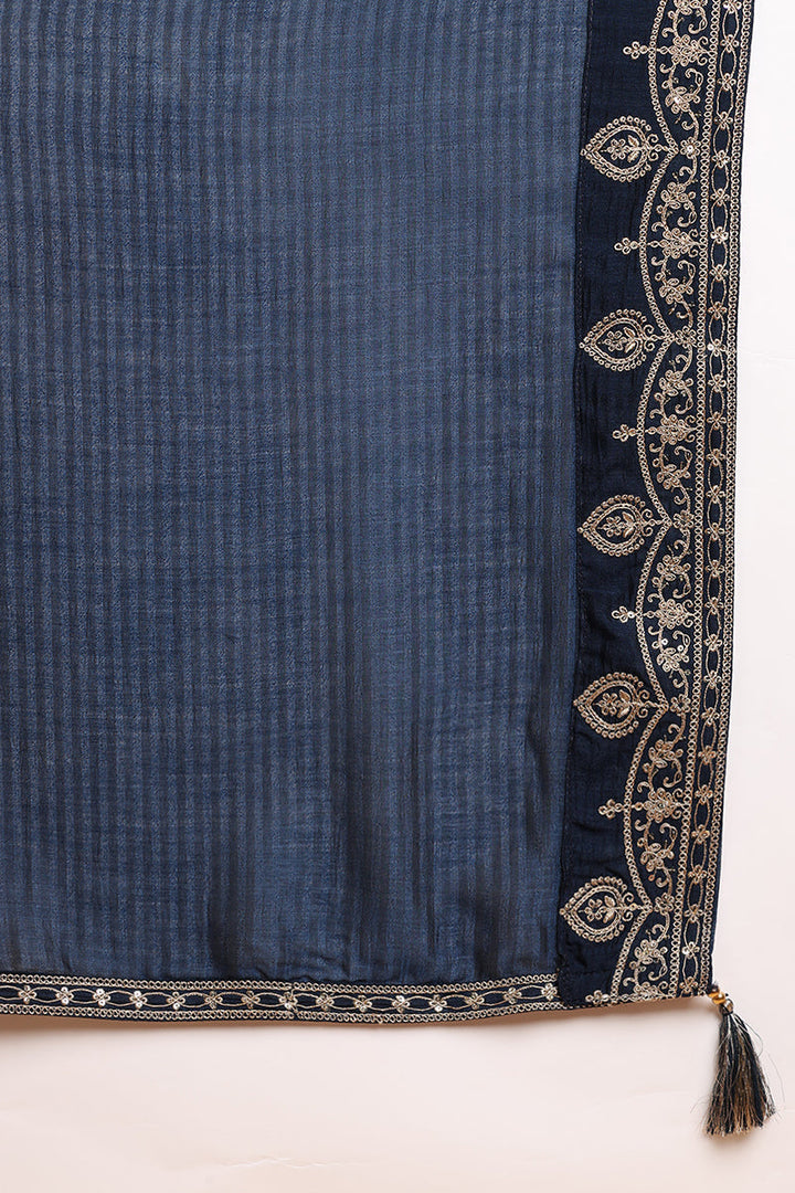 Navy Blue Silk Blend Solid Embroidered Straight Suit Set | SHOBITAM