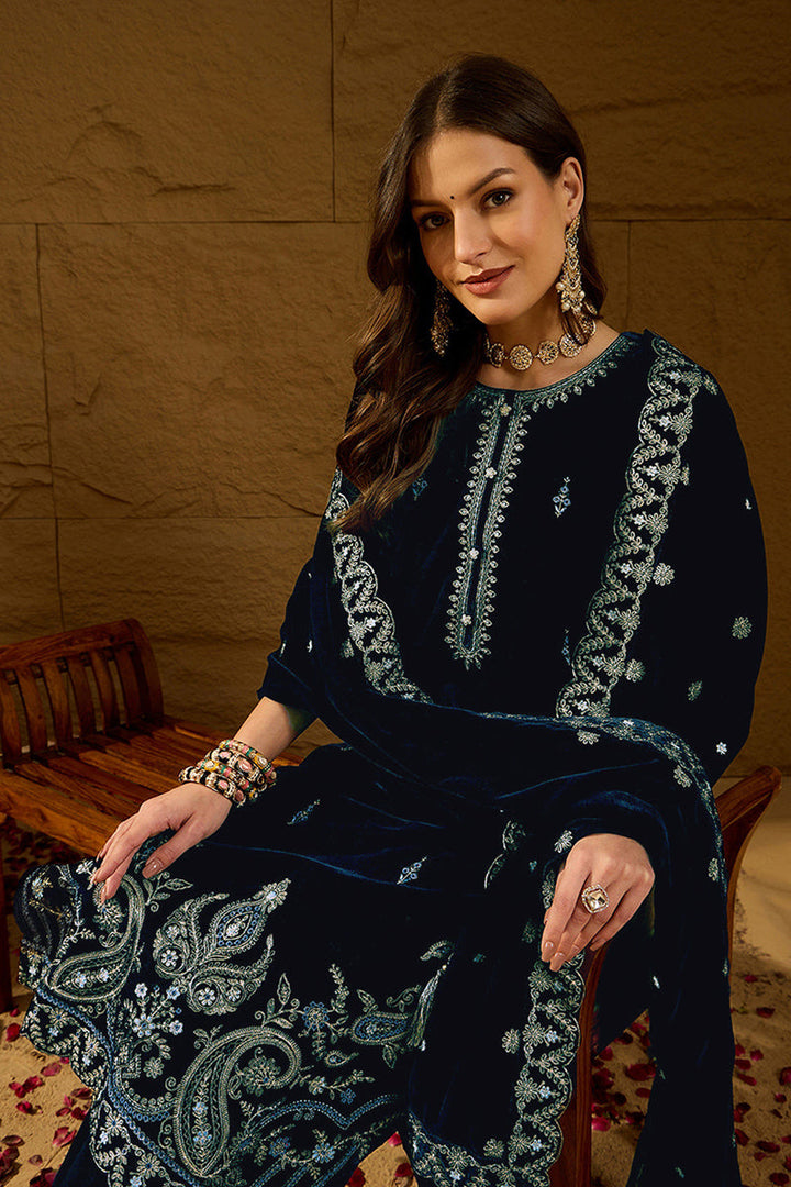 Blue Velvet Solid Embroidered Straight Trousers Suit Set | SHOBITAM