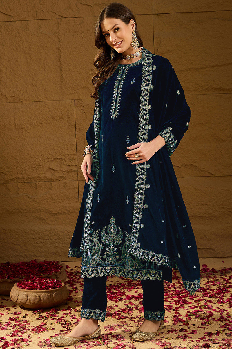 Blue Velvet Solid Embroidered Straight Trousers Suit Set | SHOBITAM