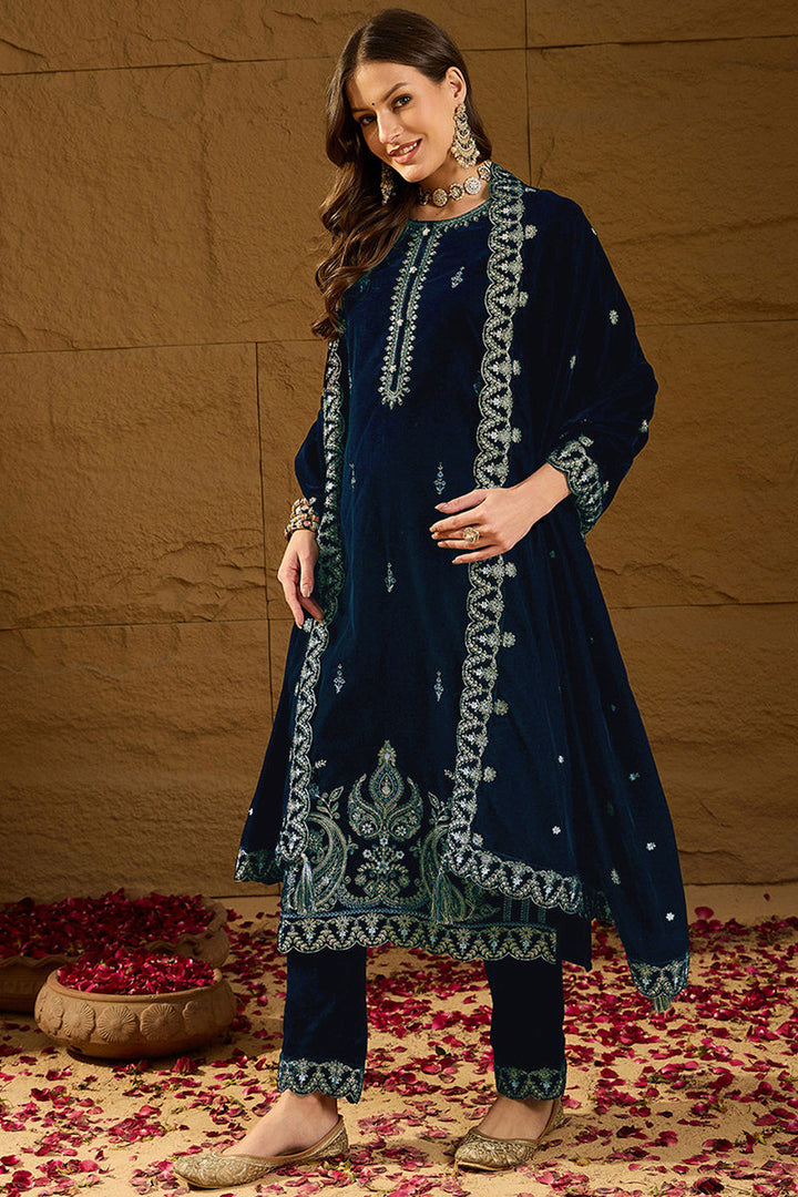Blue Velvet Solid Embroidered Straight Trousers Suit Set | SHOBITAM