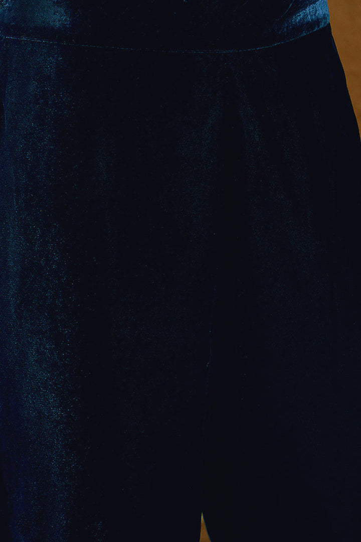 Blue Velvet Solid Embroidered Straight Trousers Suit Set | SHOBITAM