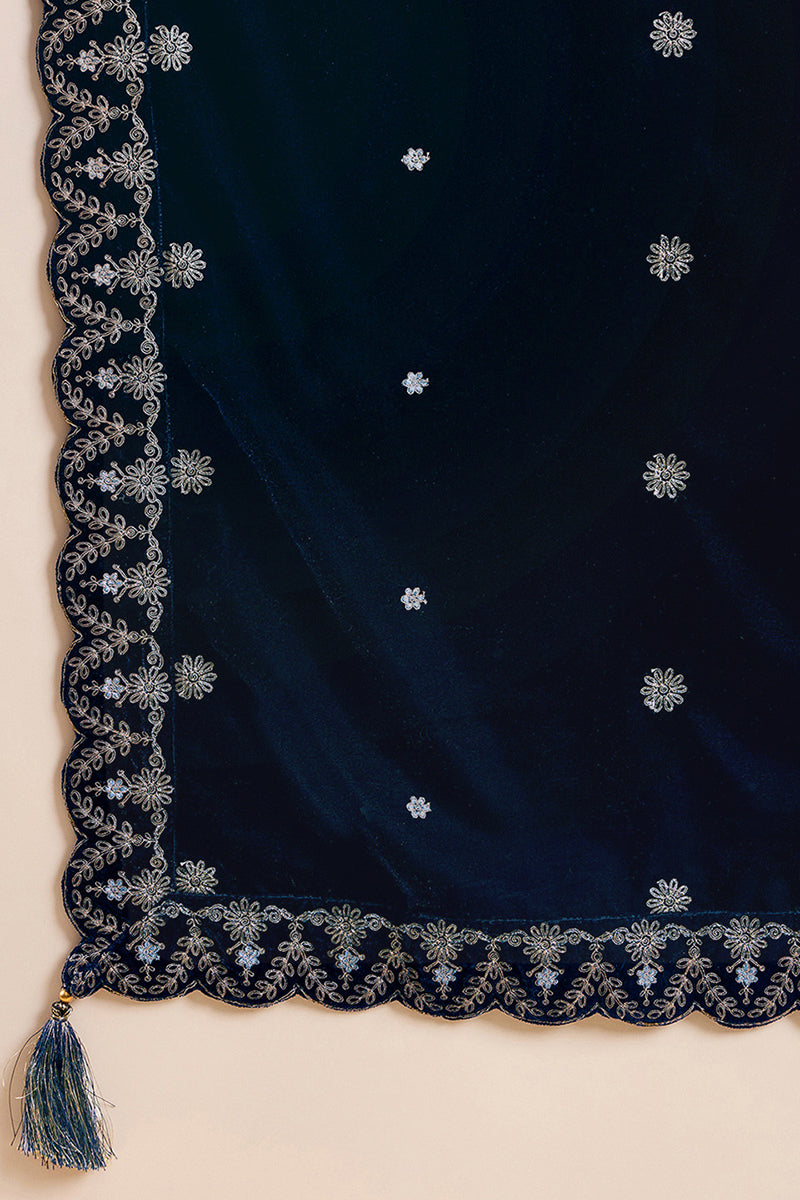 Blue Velvet Solid Embroidered Straight Trousers Suit Set | SHOBITAM