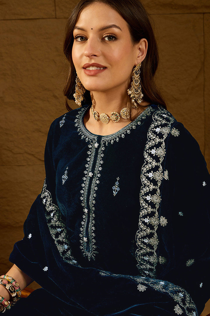 Blue Velvet Solid Embroidered Straight Trousers Suit Set | SHOBITAM