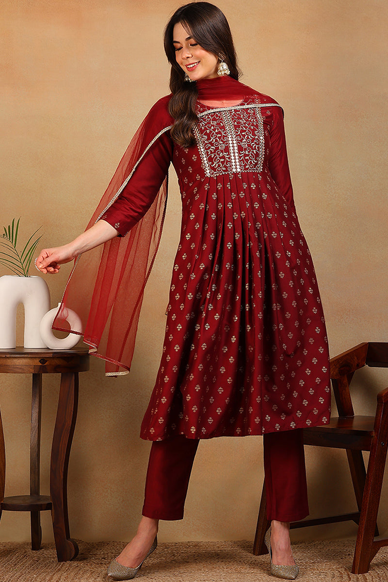 Maroon Silk Blend Solid Woven Design Flared Empire Suit Set | SHOBITAM