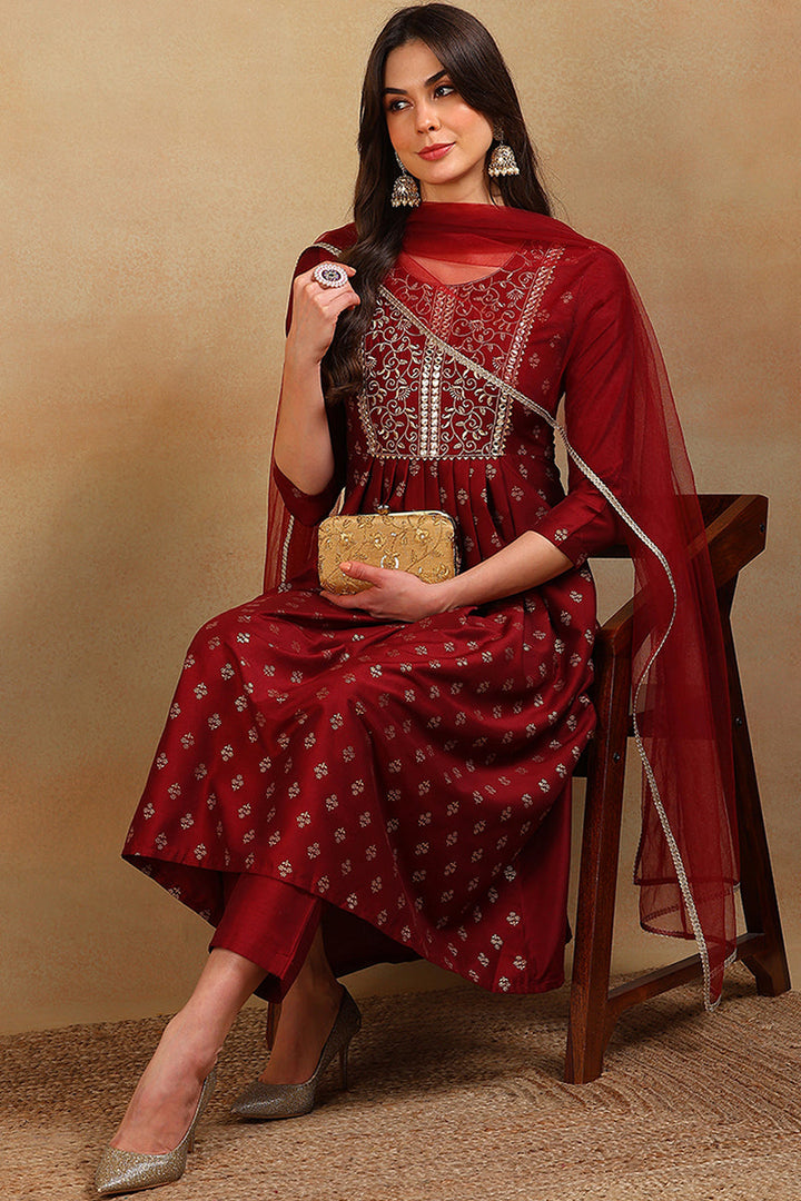 Maroon Silk Blend Solid Woven Design Flared Empire Suit Set | SHOBITAM