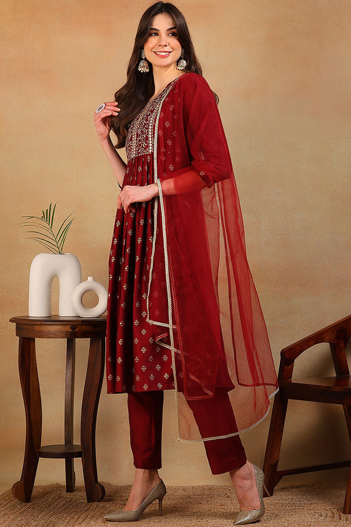 Maroon Silk Blend Solid Woven Design Flared Empire Suit Set | SHOBITAM