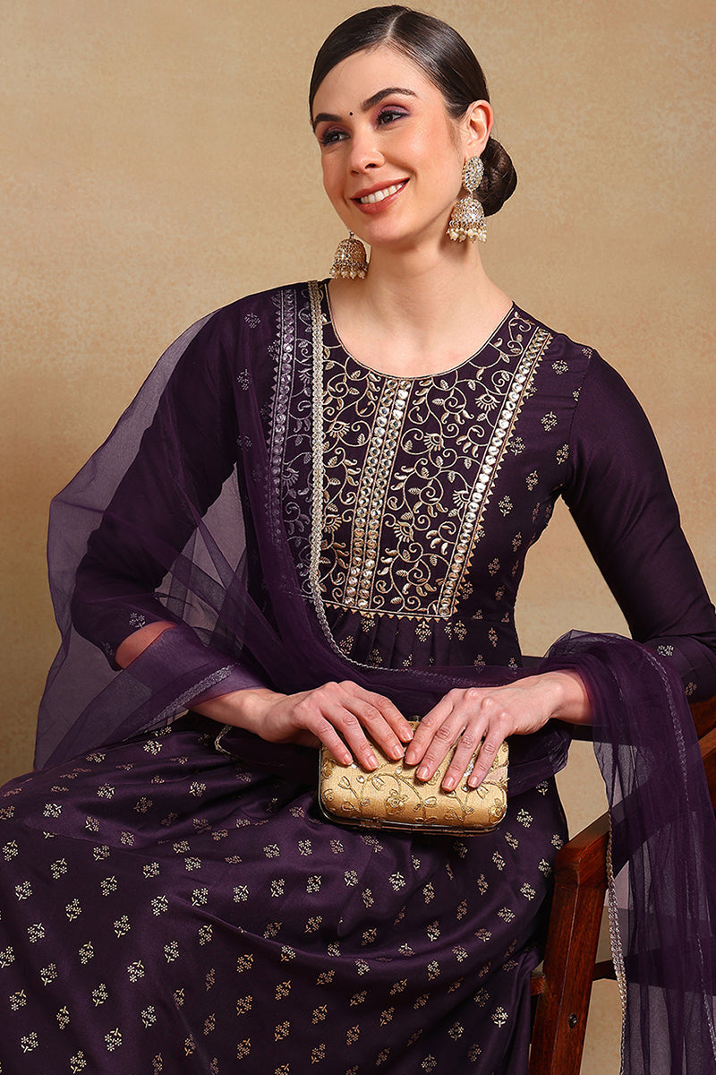 Purple Silk Blend Solid Woven Design Flared Empire Suit Set | SHOBITAM