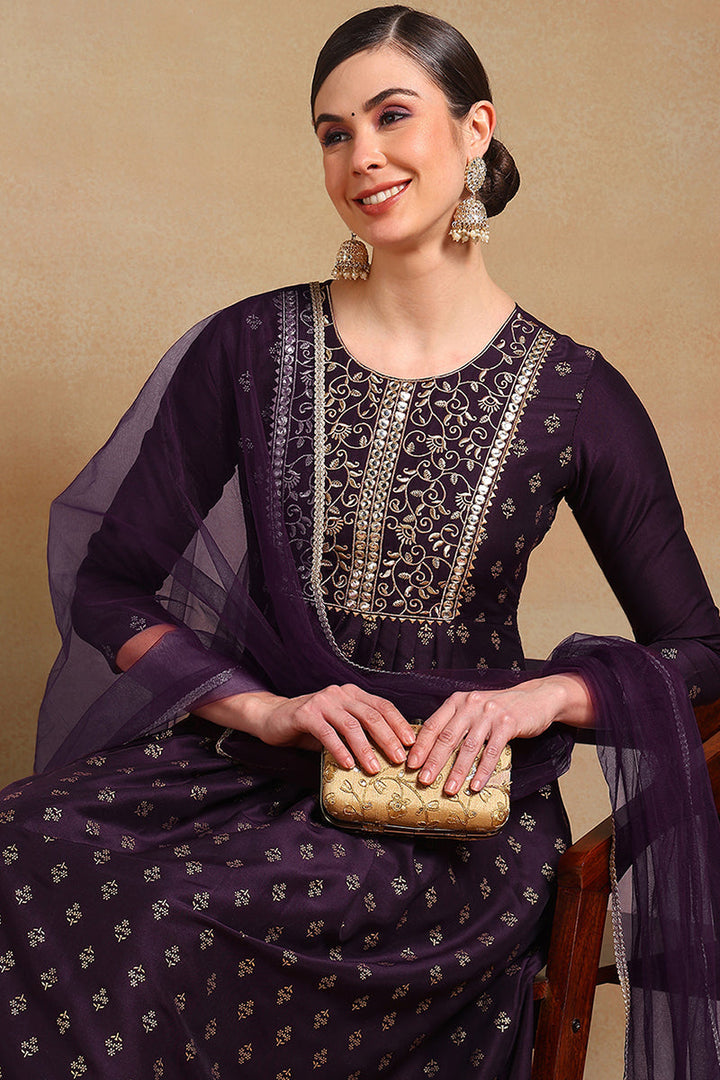Purple Silk Blend Solid Woven Design Flared Empire Suit Set | SHOBITAM