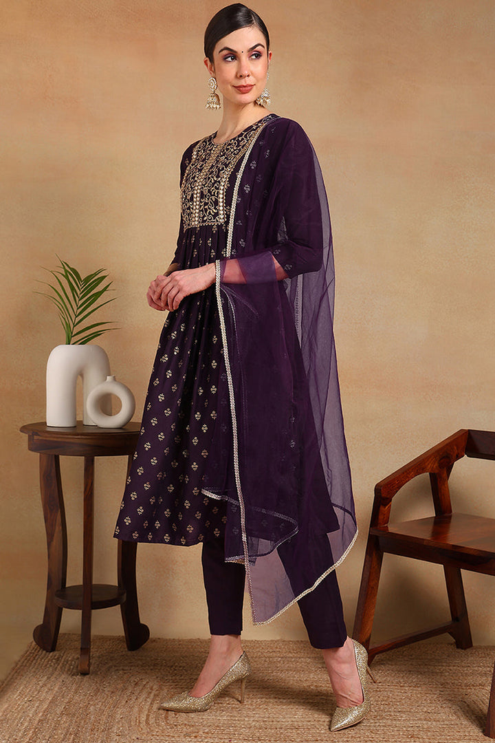 Purple Silk Blend Solid Woven Design Flared Empire Suit Set | SHOBITAM