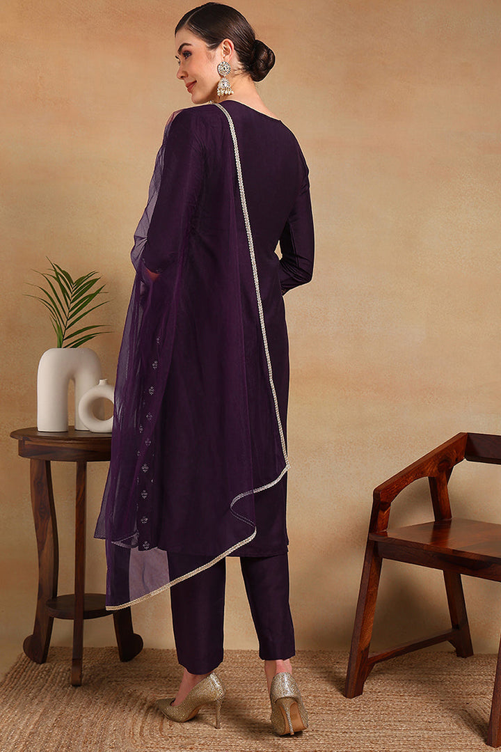 Purple Silk Blend Solid Woven Design Flared Empire Suit Set | SHOBITAM