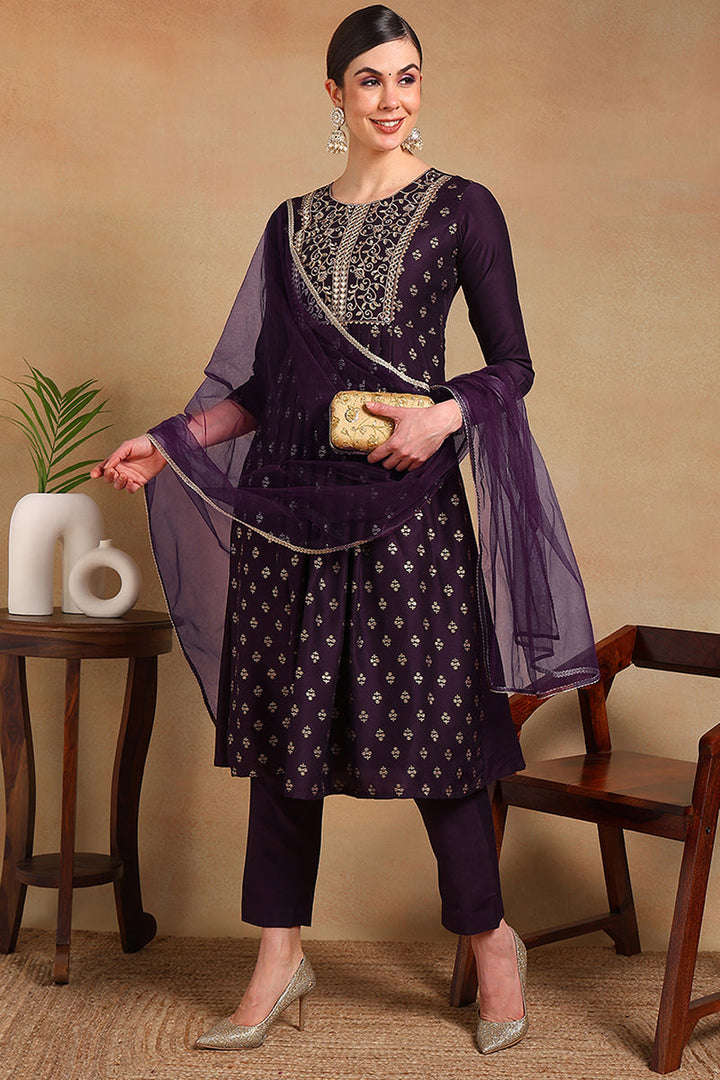 Purple Silk Blend Solid Woven Design Flared Empire Suit Set | SHOBITAM