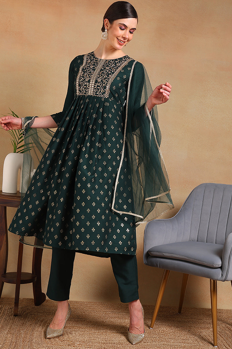Green Silk Blend Solid Woven Design Flared Empire Suit Set | SHOBITAM