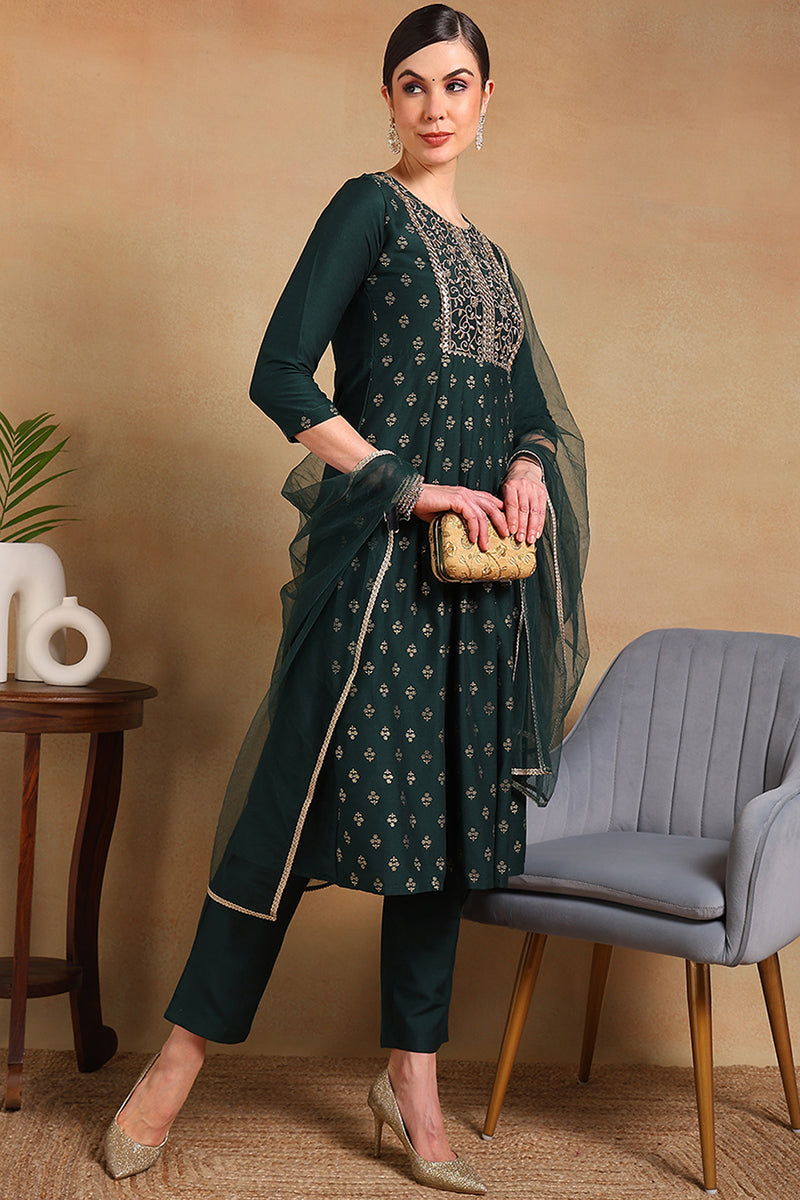 Green Silk Blend Solid Woven Design Flared Empire Suit Set | SHOBITAM