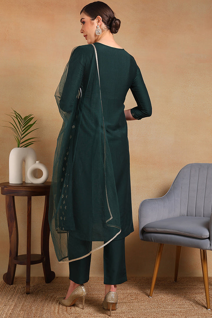 Green Silk Blend Solid Woven Design Flared Empire Suit Set | SHOBITAM