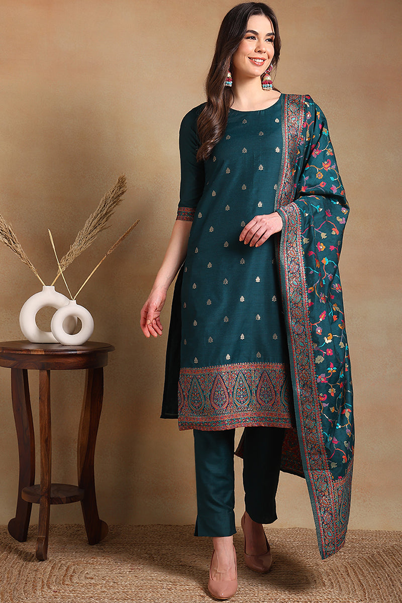 Teal Blue Poly Chanderi Woven Design Straight Suit Set | SHOBITAM
