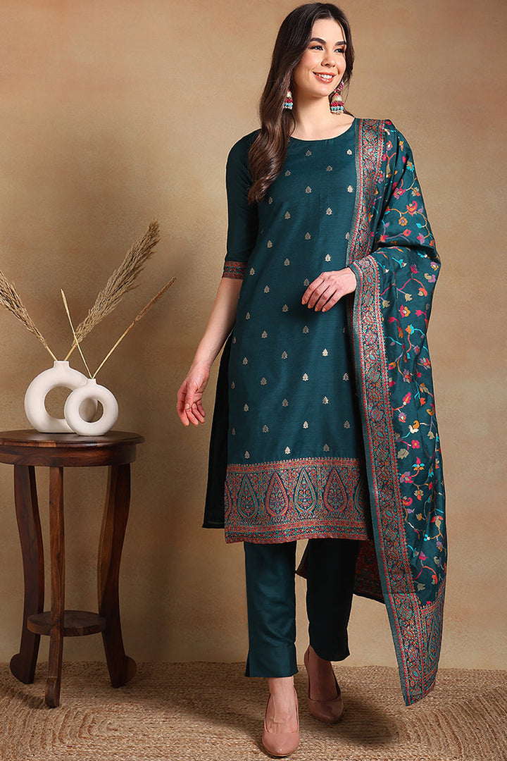 Teal Blue Poly Chanderi Woven Design Straight Suit Set | SHOBITAM