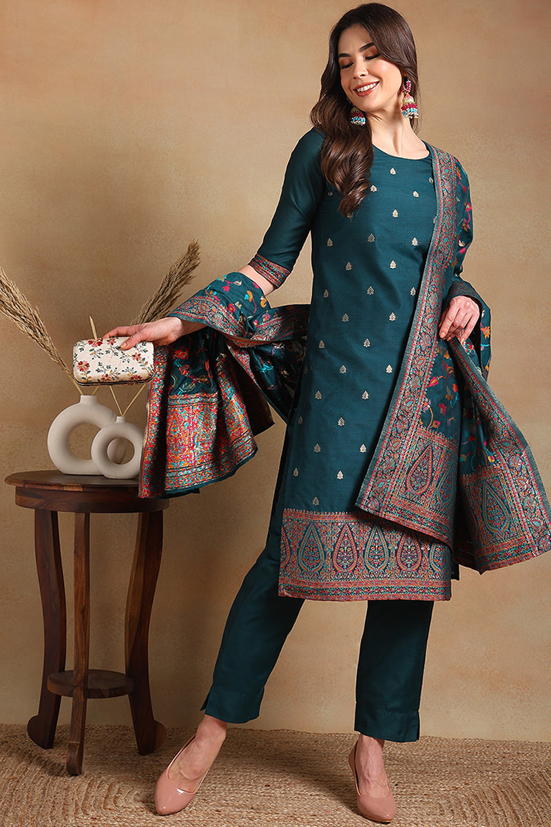 Teal Blue Poly Chanderi Woven Design Straight Suit Set | SHOBITAM