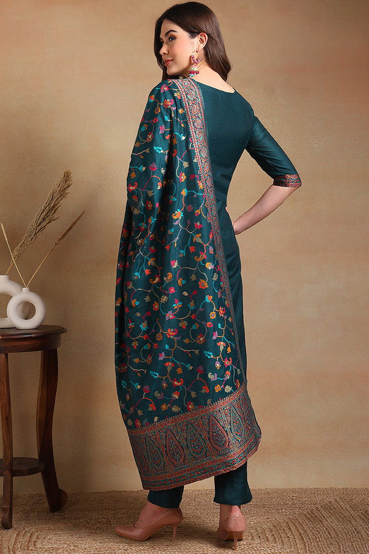 Teal Blue Poly Chanderi Woven Design Straight Suit Set | SHOBITAM