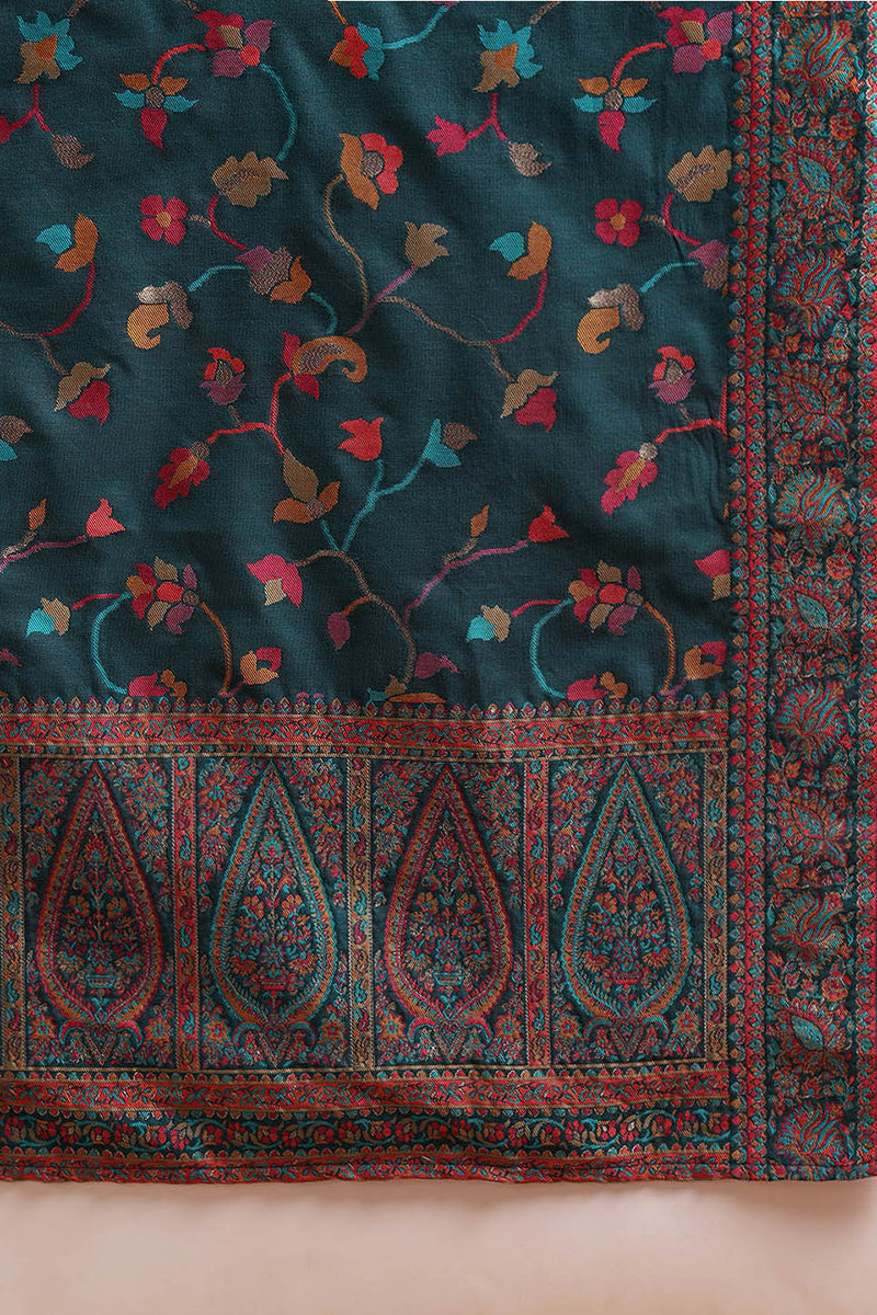 Teal Blue Poly Chanderi Woven Design Straight Suit Set | SHOBITAM