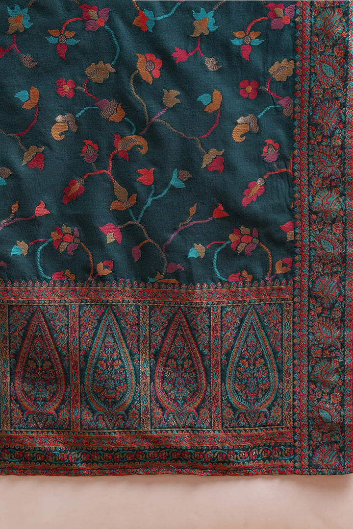 Teal Blue Poly Chanderi Woven Design Straight Suit Set | SHOBITAM