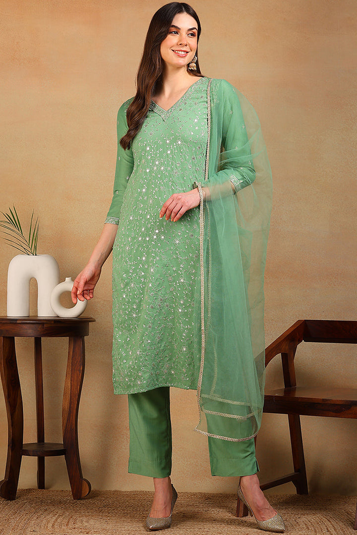 Green Silk Blend Solid Embroidered Straight Suit Set | SHOBITAM