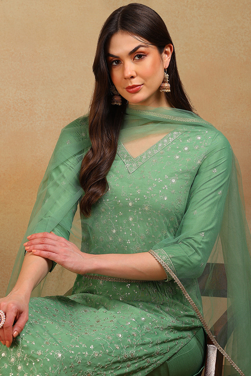 Green Silk Blend Solid Embroidered Straight Suit Set | SHOBITAM