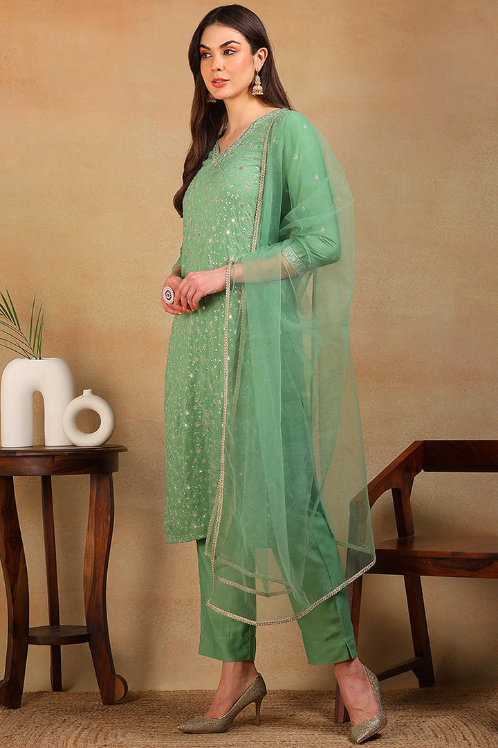 Green Silk Blend Solid Embroidered Straight Suit Set | SHOBITAM