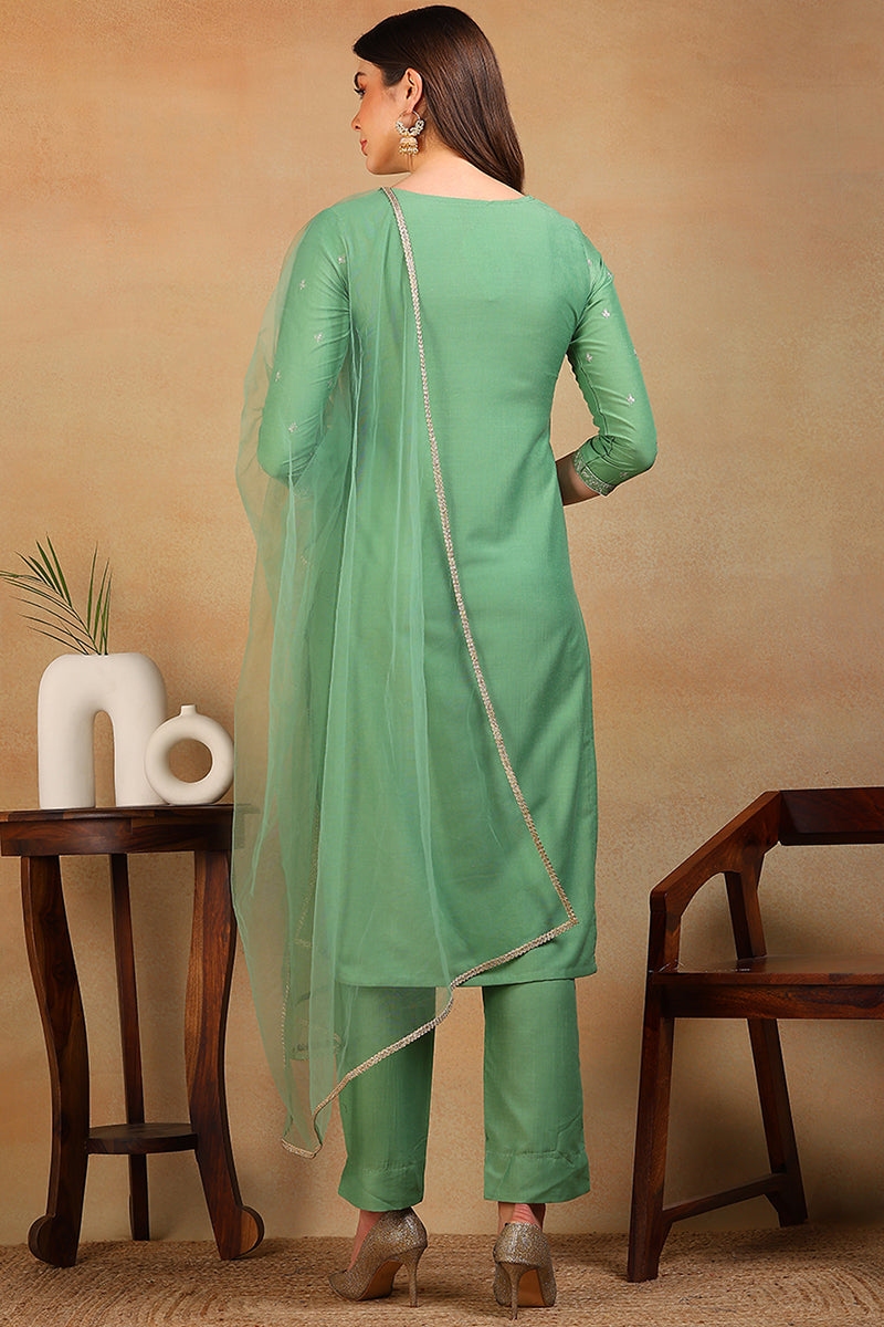 Green Silk Blend Solid Embroidered Straight Suit Set | SHOBITAM