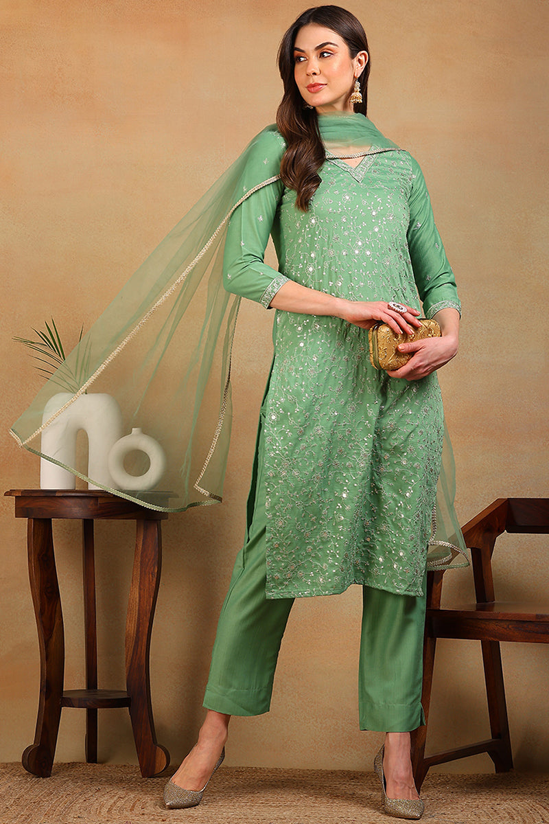 Green Silk Blend Solid Embroidered Straight Suit Set | SHOBITAM