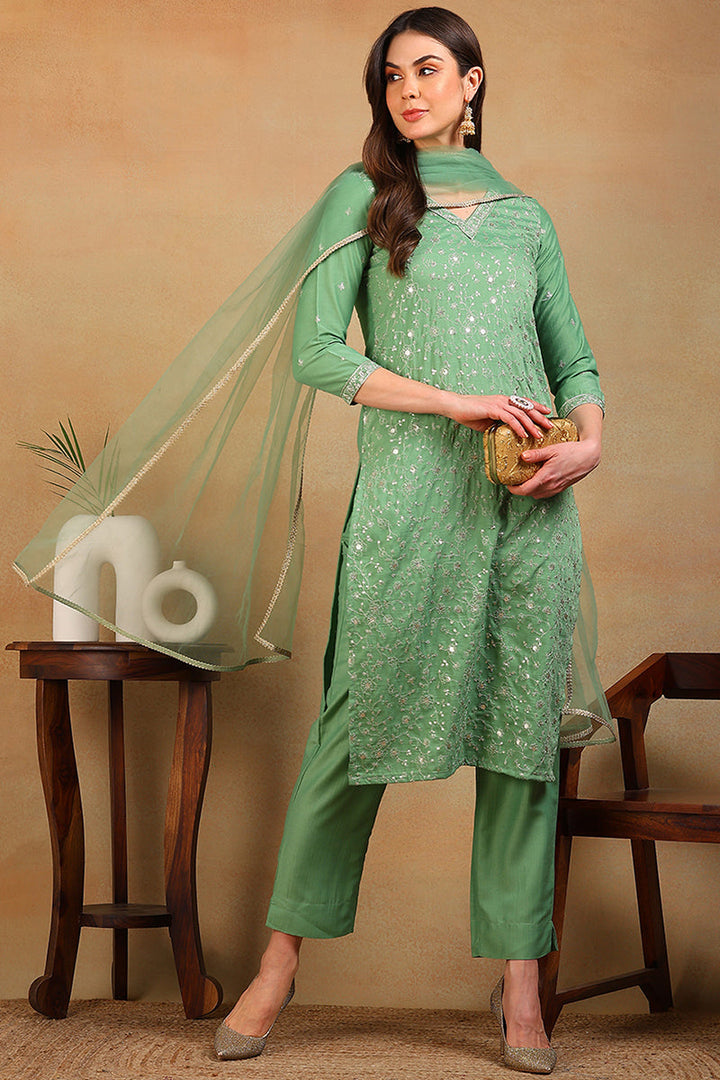 Green Silk Blend Solid Embroidered Straight Suit Set | SHOBITAM