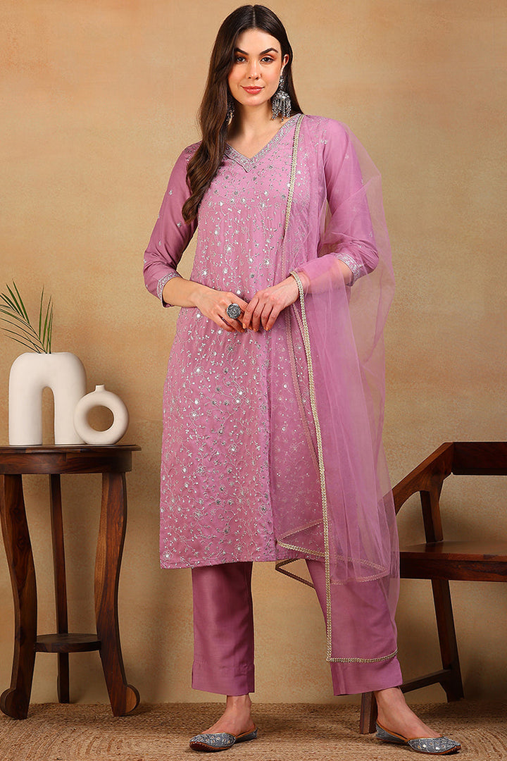 Lavender Silk Blend Solid Embroidered Straight Suit Set | SHOBITAM