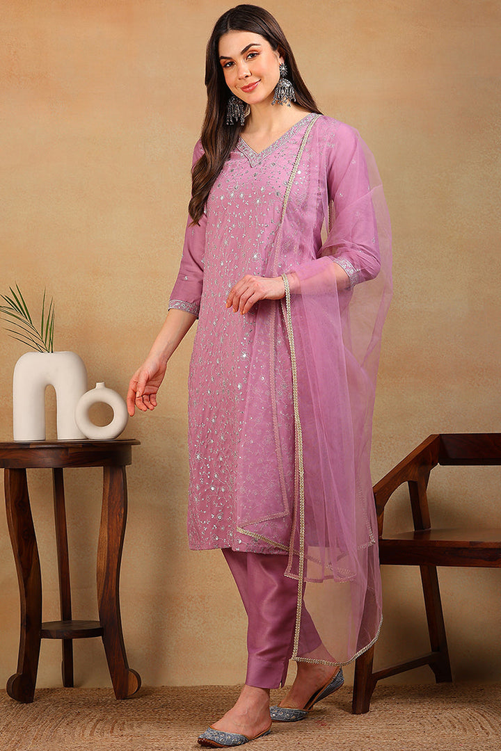 Lavender Silk Blend Solid Embroidered Straight Suit Set | SHOBITAM
