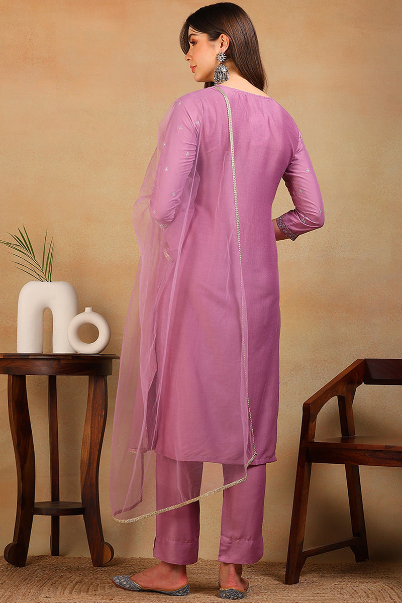 Lavender Silk Blend Solid Embroidered Straight Suit Set | SHOBITAM