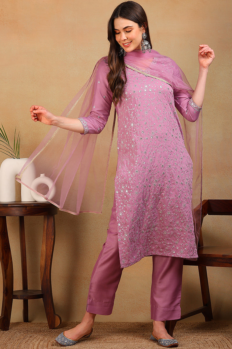 Lavender Silk Blend Solid Embroidered Straight Suit Set | SHOBITAM