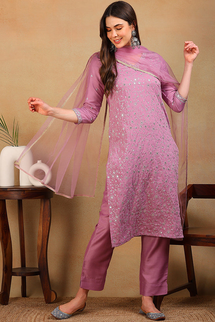 Lavender Silk Blend Solid Embroidered Straight Suit Set | SHOBITAM