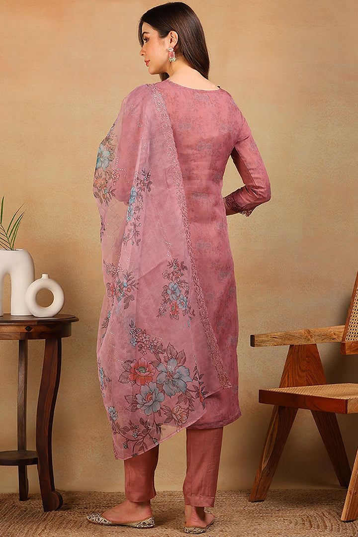 Mauve Organza Floral Embroidered Straight Regular Suit Set | SHOBITAM