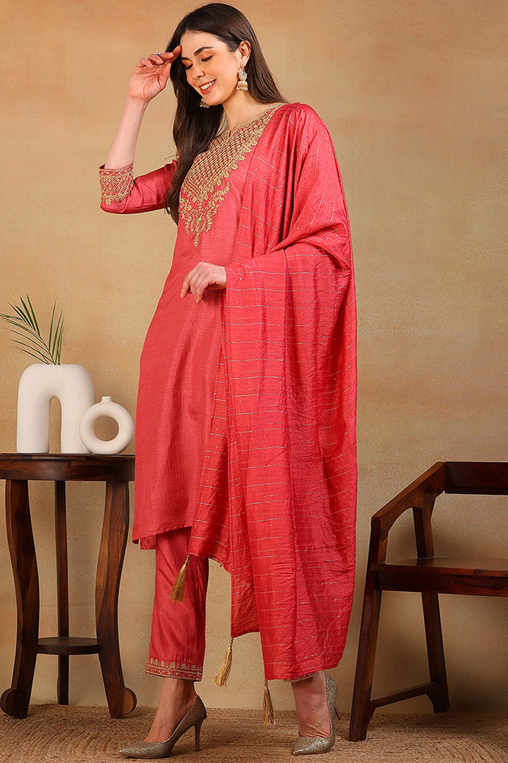 Rust Red Silk Blend Solid Embroidered Straight Suit Set  | SHOBITAM